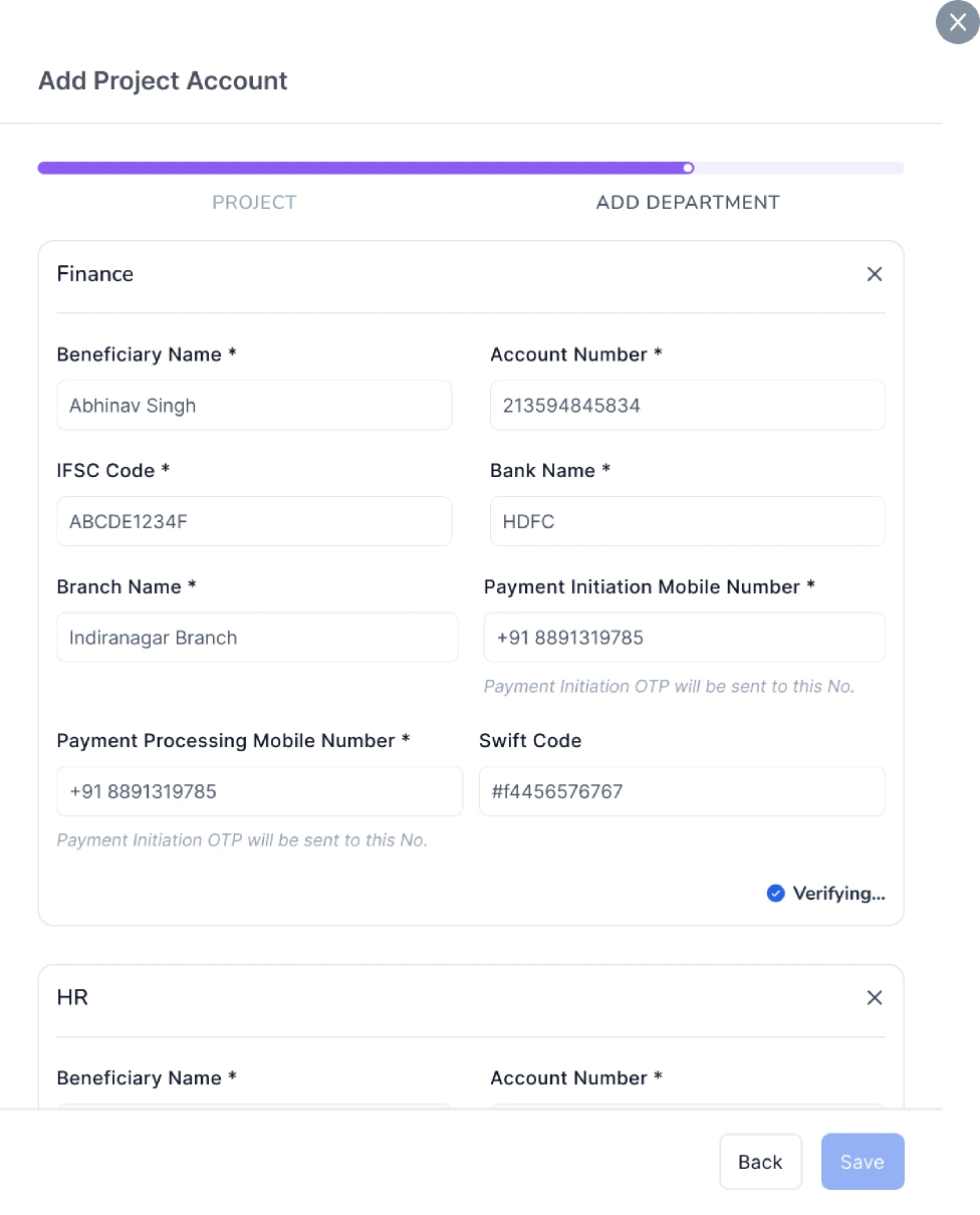 Add department account - verifying